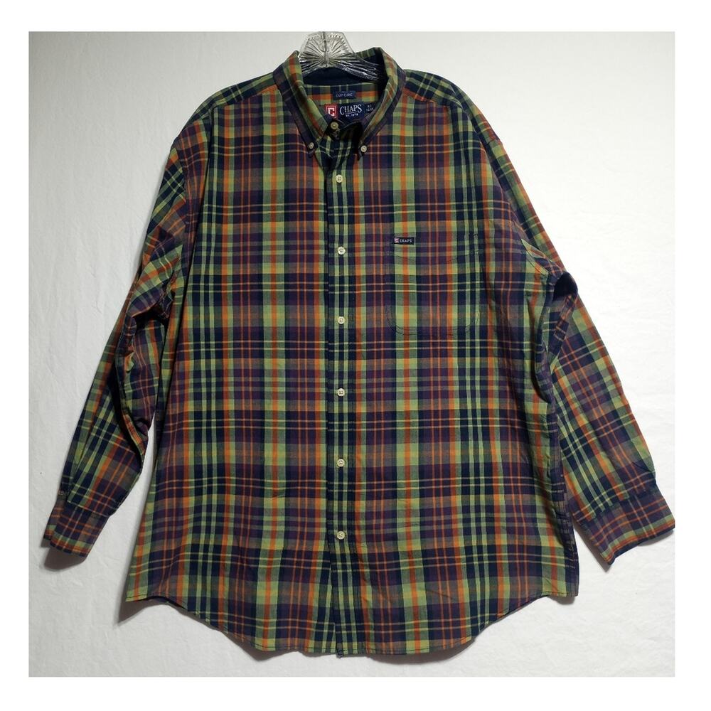 Chaps Men's Blue And Orange Plaid Long Sleeve Button Down Shirt Size XL